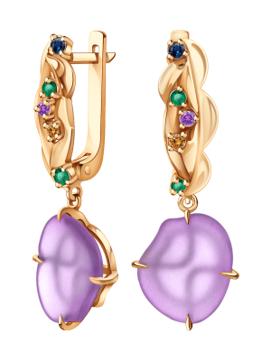 Серьги подвески золотые 585 с аметистом и миксом драгоценных камней