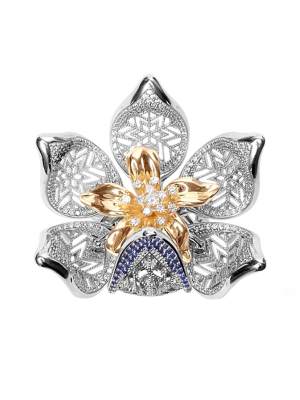 Кольцо эксклюзивное золотое 585 Бутон лотоса с бриллиантами и сапфирами