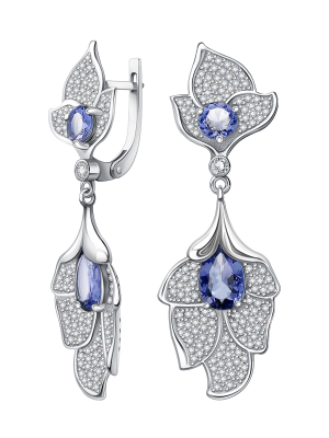 Серьги длинные из белого золота 585 с танзанитами и бриллиантами