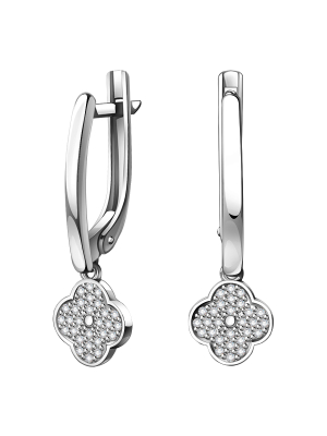Серьги подвески из белого золота 585 клевер с бриллиантами