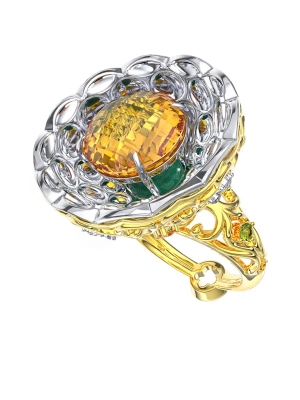 Кольцо цветок золотое 585 с цитрином