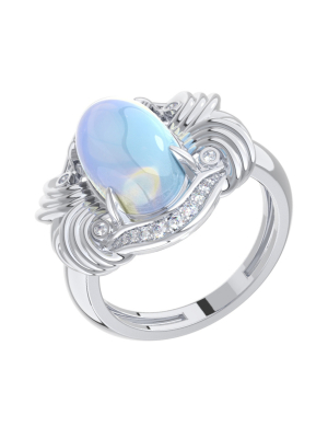 Кольцо из белого золота 585 с лунным камнем и бриллиантами